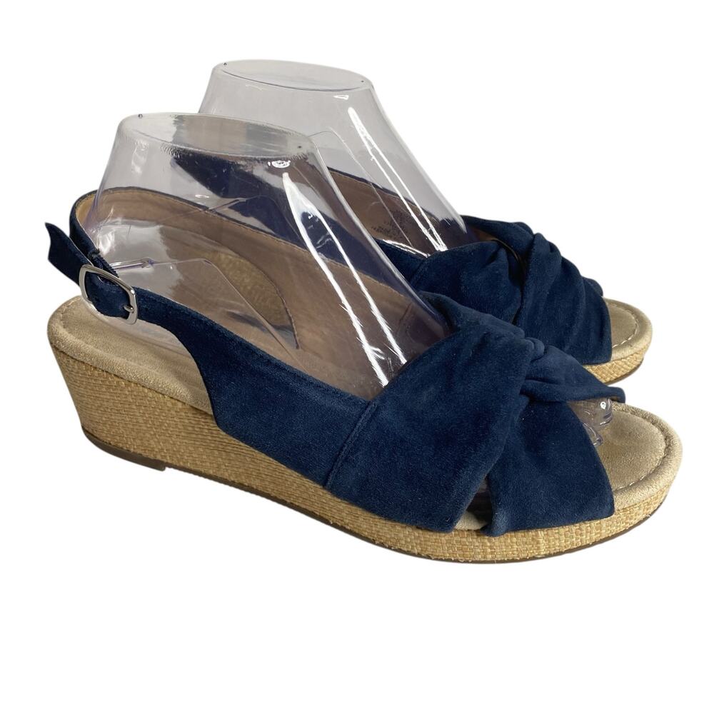 Lands' End Women's 8.5D Suede Espadrille Wedge Sandals Navy Blue Slingback Wide
